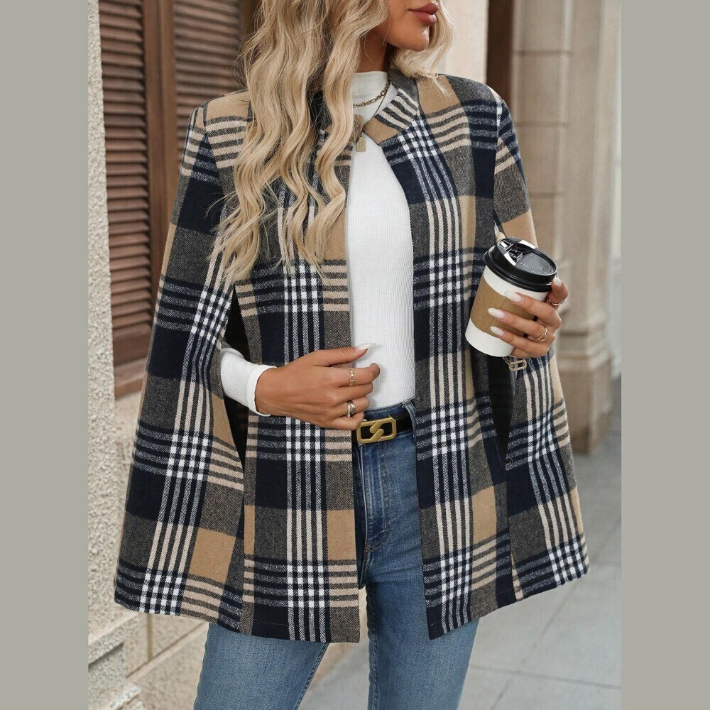 Tan & Navy Plaid Cape Coat with Stand Collar